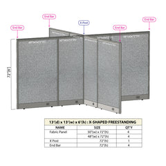 GOF 156"D x 156"W x 48”/60”/72”H, X-Shaped Freestanding Fabric Partition Package