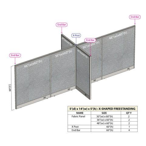 GOF 60"D x 168"W x 48”/60”/72”H, X-Shaped Freestanding Fabric Partition Package