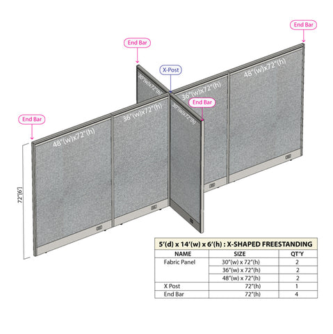 GOF 60"D x 168"W x 48”/60”/72”H, X-Shaped Freestanding Fabric Partition Package