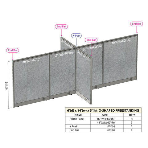 GOF 72"D x 168"W x 48”/60”/72”H, X-Shaped Freestanding Fabric Partition Package