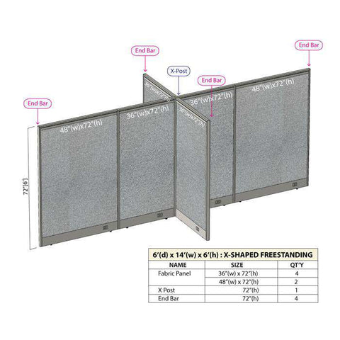 GOF 72"D x 168"W x 48”/60”/72”H, X-Shaped Freestanding Fabric Partition Package