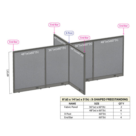 GOF 96"D x 168"W x 48”/60”/72”H, X-Shaped Freestanding Fabric Partition Package
