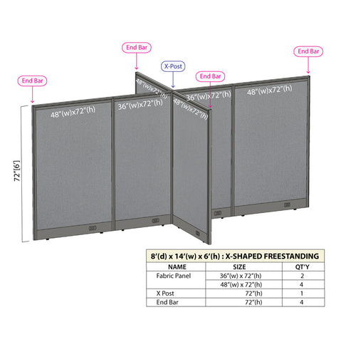 GOF 96"D x 168"W x 48”/60”/72”H, X-Shaped Freestanding Fabric Partition Package