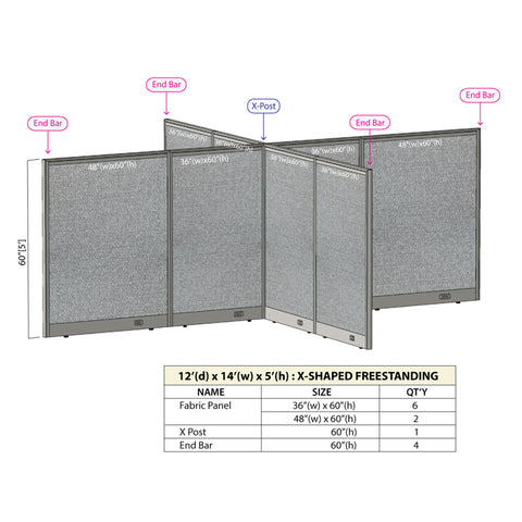 GOF 144"D x 168"W x 48”/60”/72”H, X-Shaped Freestanding Fabric Partition Package