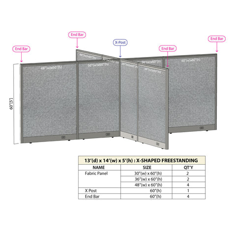 GOF 156"D x 168"W x 48”/60”/72”H, X-Shaped Freestanding Fabric Partition Package