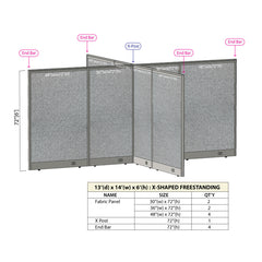 GOF 156"D x 168"W x 48”/60”/72”H, X-Shaped Freestanding Fabric Partition Package