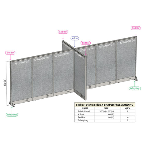 GOF 60"D x 180"W x 48”/60”/72”H, X-Shaped Freestanding Fabric Partition Package