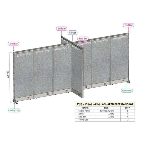 GOF 60"D x 180"W x 48”/60”/72”H, X-Shaped Freestanding Fabric Partition Package