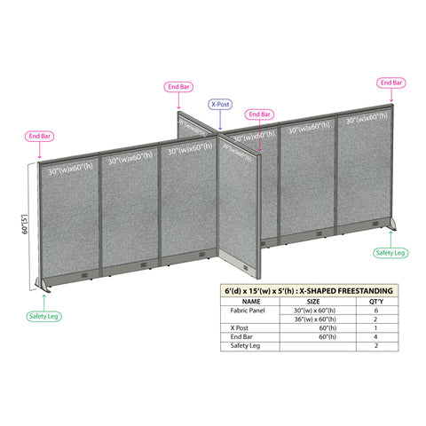 GOF 72"D x 180"W x 48”/60”/72”H, X-Shaped Freestanding Fabric Partition Package