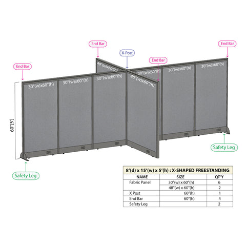 GOF 96"D x 180"W x 48”/60”/72”H, X-Shaped Freestanding Fabric Partition Package