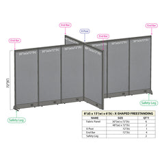 GOF 96"D x 180"W x 48”/60”/72”H, X-Shaped Freestanding Fabric Partition Package