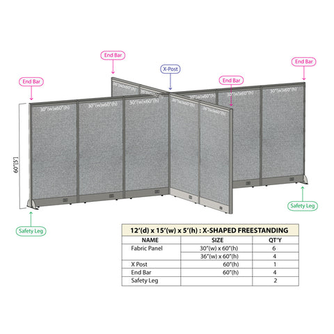 GOF 144"D x 180"W x 48”/60”/72”H, X-Shaped Freestanding Fabric Partition Package