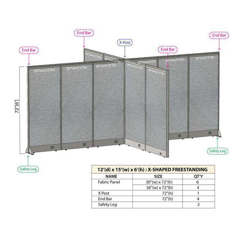GOF 144"D x 180"W x 48”/60”/72”H, X-Shaped Freestanding Fabric Partition Package