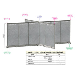 GOF 156"D x 180"W x 48”/60”/72”H, X-Shaped Freestanding Fabric Partition Package