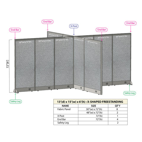 GOF 156"D x 180"W x 48”/60”/72”H, X-Shaped Freestanding Fabric Partition Package