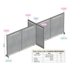 GOF 60"D x 192"W x 48”/60”/72”H, X-Shaped Freestanding Fabric Partition Package