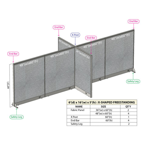 GOF 72"D x 192"W x 48”/60”/72”H, X-Shaped Freestanding Fabric Partition Package