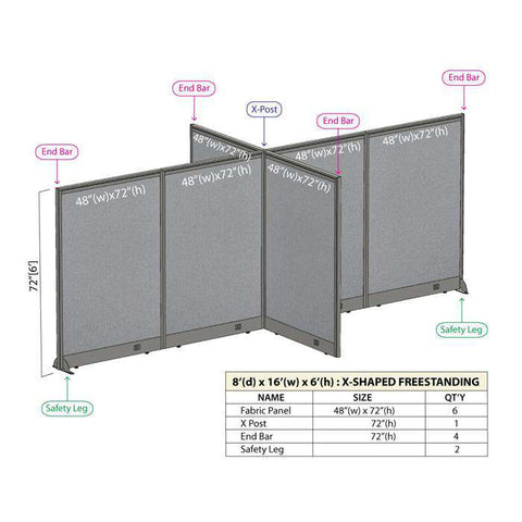 GOF 96"D x 192"W x 48”/60”/72”H, X-Shaped Freestanding Fabric Partition Package