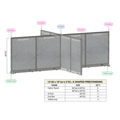 GOF 144"D x 192"W x 48”/60”/72”H, X-Shaped Freestanding Fabric Partition Package