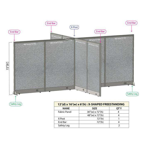 GOF 144"D x 192"W x 48”/60”/72”H, X-Shaped Freestanding Fabric Partition Package