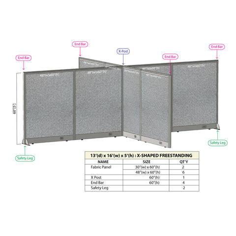 GOF 156"D x 192"W x 48”/60”/72”H, X-Shaped Freestanding Fabric Partition Package