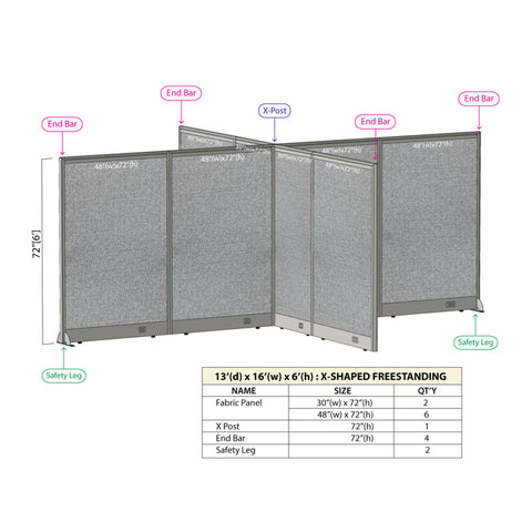 GOF 156"D x 192"W x 48”/60”/72”H, X-Shaped Freestanding Fabric Partition Package